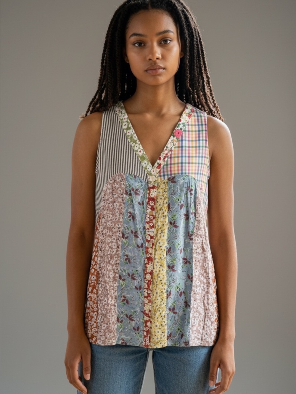 Patchwork Floral V-Neck Sleeveless Buttondown Top - Multicolor
